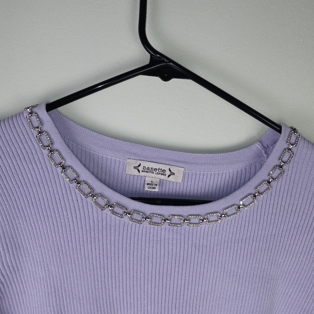 Nanette Lepore Jewelneck Ribbed Sweater Top Size L - Picture 3 of 14